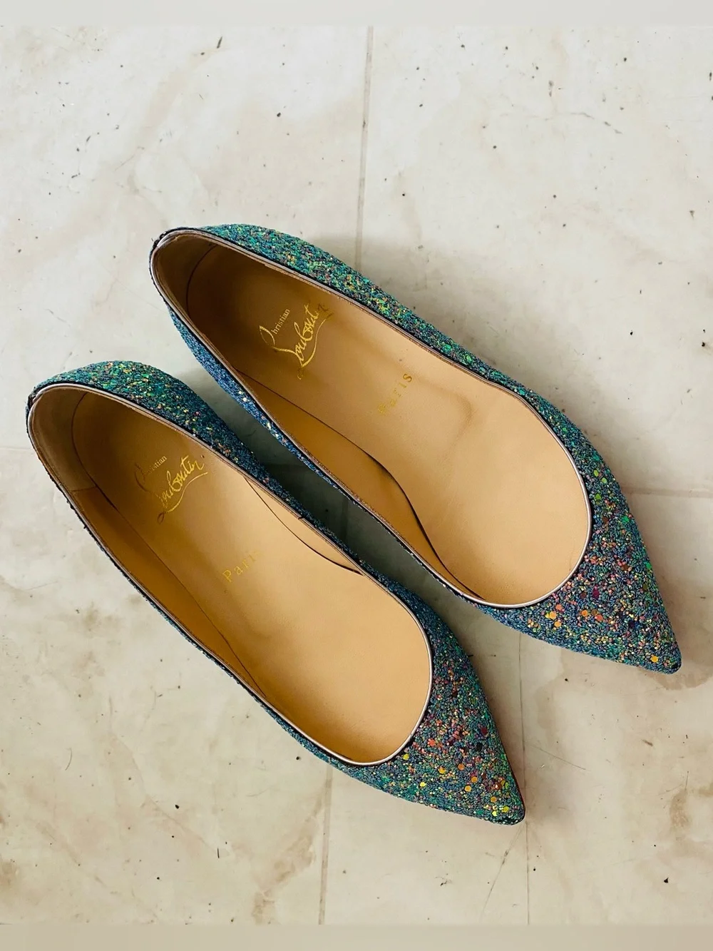 Christian Louboutin Kate Multicolor Blue Glitter Pointed Toe Ballet Flats Sz 6.5